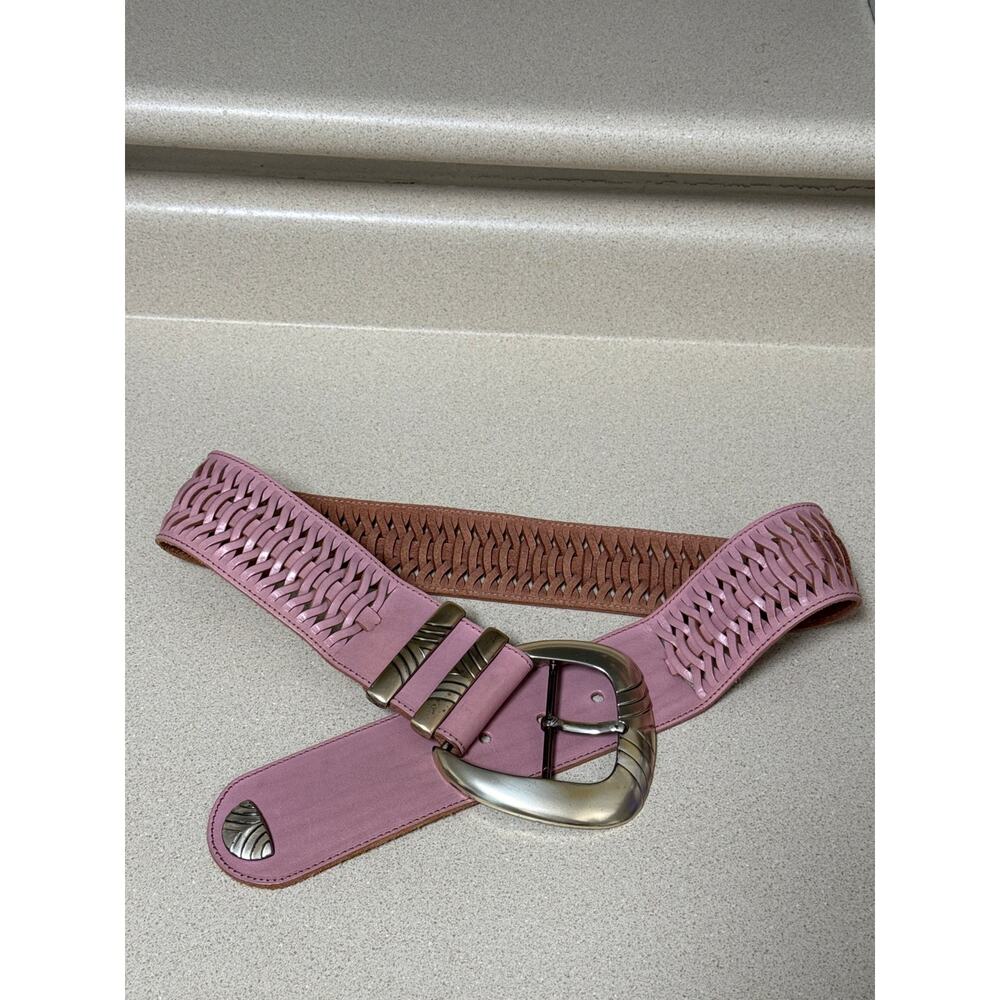 Vintage Y2K AVION Boho Baby Pink Leather Big Buckle Wide Sling Belt Size Small - Picture 2 of 6